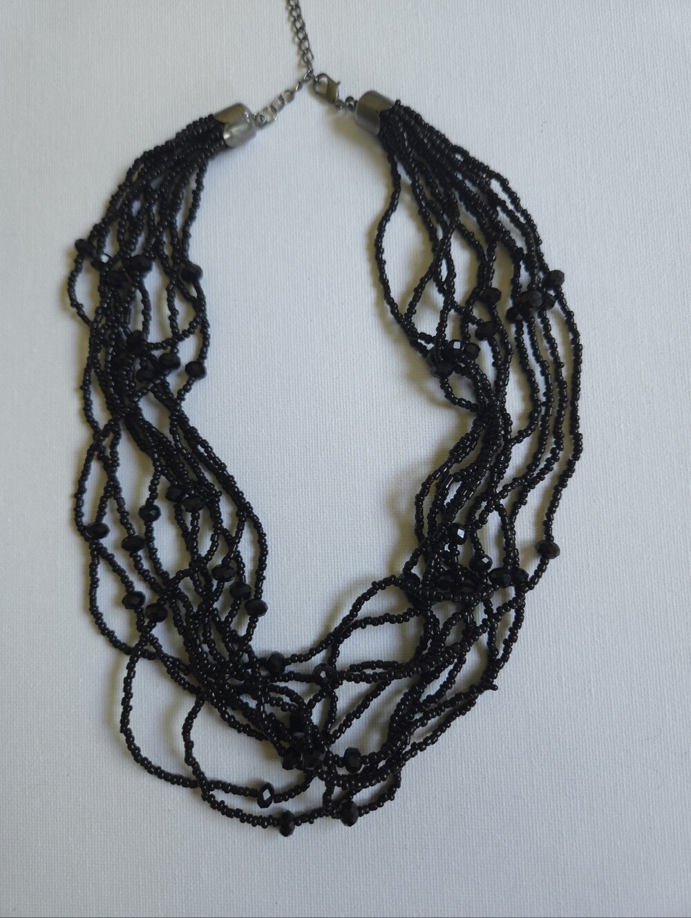 Vintage Multi-Strand Black Seed Bead Statement Necklace, Faceted Crystal Accent